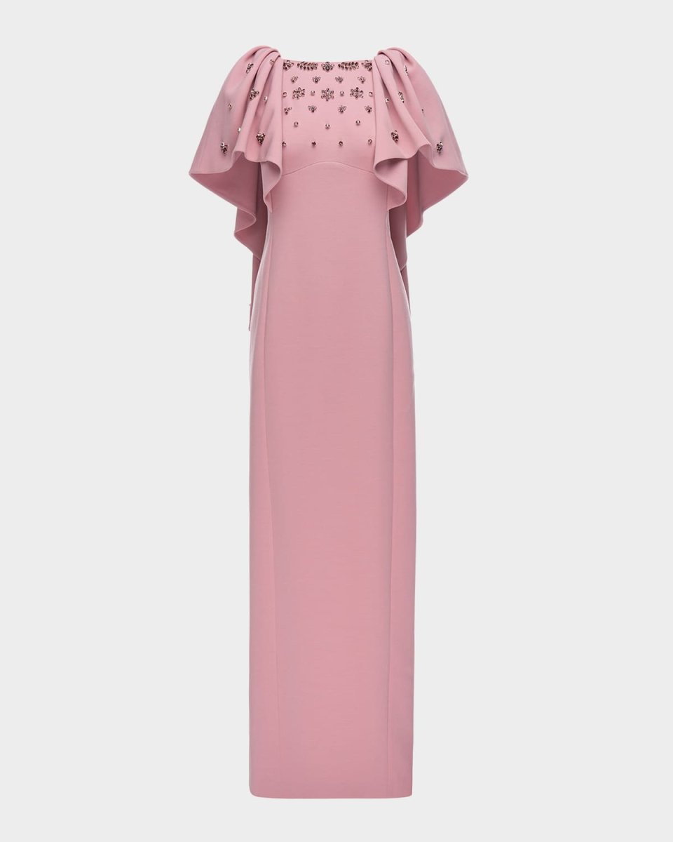 Margarita Crystal Flutter-Sleeve Empire-Waist Gown